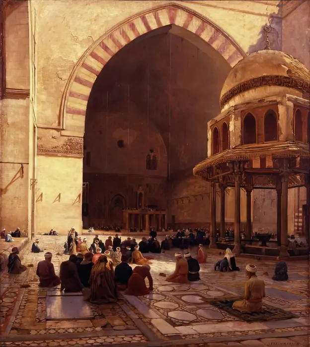Framed Print : The Hour of Prayer - Interior of the Mosque Sultan Hassan, Cairo, 1888. Creator: Joseph Farquharson Framed Print : The Hour of Prayer - Interior of the Mosque Sultan Hassan, Cairo, 1888. Creator: Joseph Farquharson