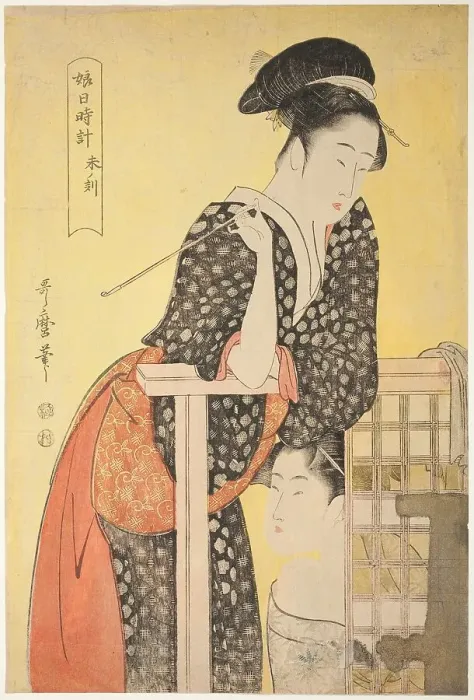 Framed Print : Hour of the Sheep [2 pm] (hitsuji no koku), from the series “Sundial of Young Women'... c. 1794 / 95. Creator: Kitagawa Utamaro. Hour of the Sheep [2 pm] (hitsuji no koku), from the series “Sundial of Young Women'... c. 1794 / 95