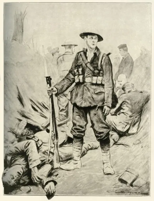 Framed Print : His Hour of Triumph, Fine Study of a Soldier in a Conquered Enemy Trench, 1917. Creator: Unknown Framed Print : His Hour of Triumph, Fine Study of a Soldier in a Conquered Enemy Trench, 1917. Creator: Unknown