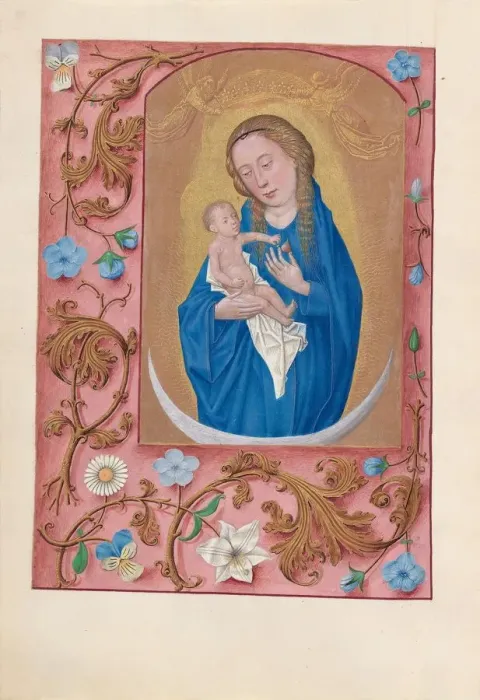 Framed Print : Hours of Queen Isabella the Catholic, Queen of Spain: Fol. 159v, Woman Clothed in the Sun, c1500 Framed Print : Hours of Queen Isabella the Catholic, Queen of Spain: Fol. 159v, Woman Clothed in the Sun, c1500