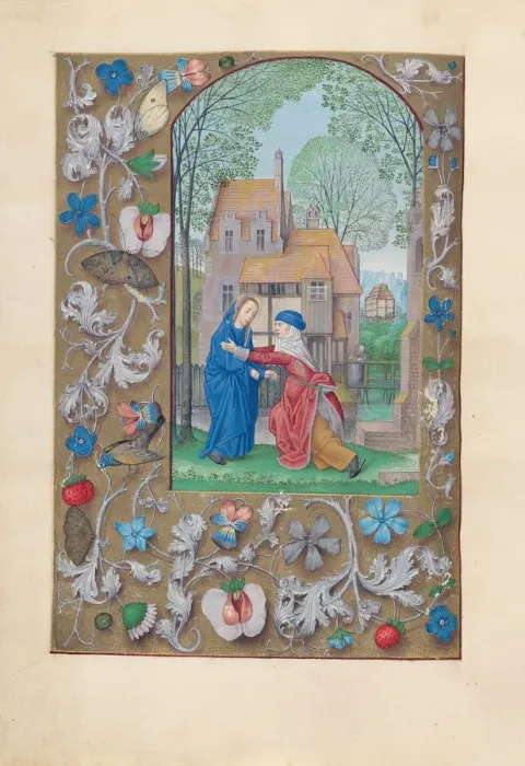Framed Print : Hours of Queen Isabella the Catholic, Queen of Spain: Fol. 115v, Visitation, c. 1500 Framed Print : Hours of Queen Isabella the Catholic, Queen of Spain: Fol. 115v, Visitation, c. 1500
