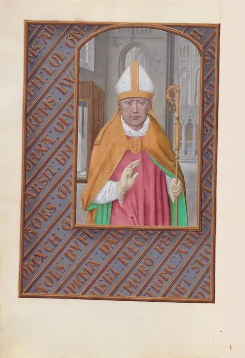 Framed Print : Hours of Queen Isabella the Catholic, Queen of Spain: Fol. 183v, St. Nicholas, c. 1500 Framed Print : Hours of Queen Isabella the Catholic, Queen of Spain: Fol. 183v, St. Nicholas, c. 1500