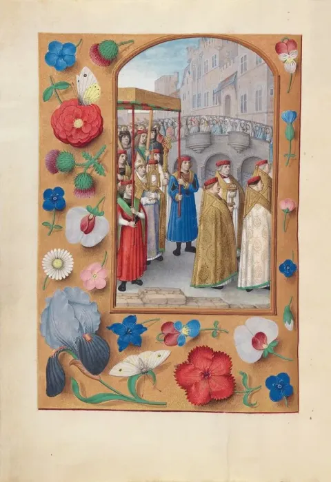 Framed Print : Hours of Queen Isabella the Catholic, Queen of Spain: Fol. 43v, Procession of the Sacrament, c1500 Framed Print : Hours of Queen Isabella the Catholic, Queen of Spain: Fol. 43v, Procession of the Sacrament, c1500