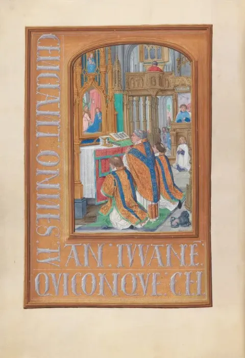 Framed Print : Hours of Queen Isabella the Catholic, Queen of Spain: Fol. 87v, Celebration of the Mass, c Framed Print : Hours of Queen Isabella the Catholic, Queen of Spain: Fol. 87v, Celebration of the Mass, c