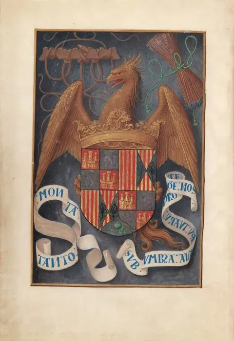 Framed Print : Hours of Queen Isabella the Catholic, Queen of Spain: Fol. 1v, Arms and Mottoes of Isabel Framed Print : Hours of Queen Isabella the Catholic, Queen of Spain: Fol. 1v, Arms and Mottoes of Isabel