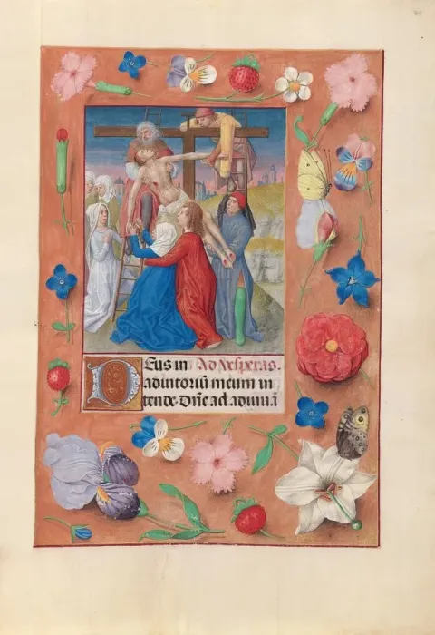 Framed Print : Hours of Queen Isabella the Catholic, Queen of Spain: Fol. 73r, Descent from the Cross, c Framed Print : Hours of Queen Isabella the Catholic, Queen of Spain: Fol. 73r, Descent from the Cross, c