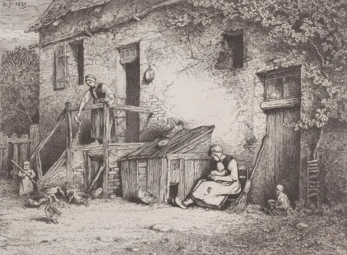 Framed Print : In Front of the House, 1845. Creator: Charles Emile Jacque Framed Print : In Front of the House, 1845. Creator: Charles Emile Jacque