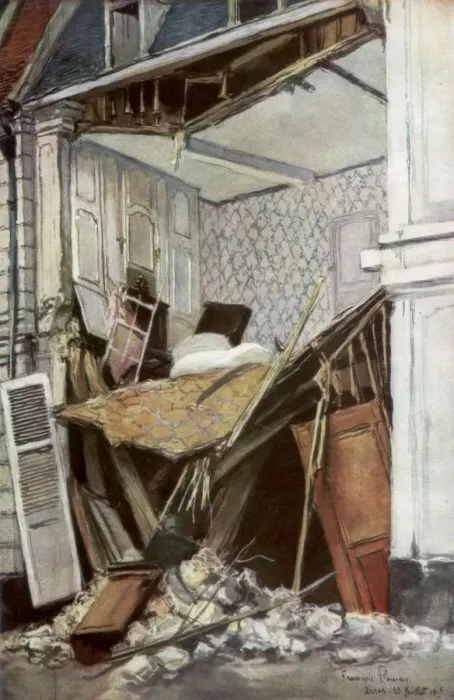 Framed Print : The Front of a House, Arras, France, 23 July 1915, (1926). Artist: Francois Flameng Framed Print : The Front of a House, Arras, France, 23 July 1915, (1926). Artist: Francois Flameng
