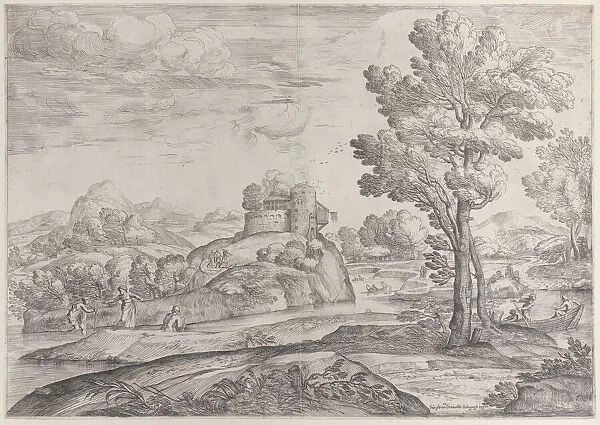 A house atop a round rock at center, people in the river and in canoes, 1626-80