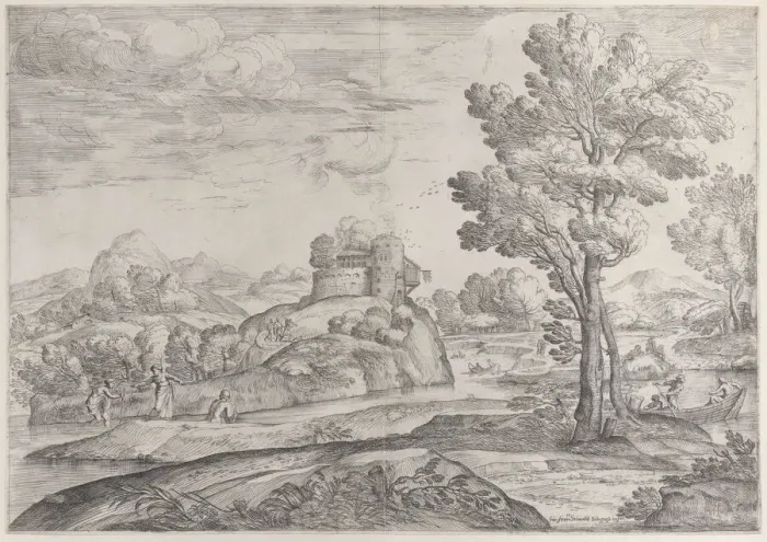 Framed Print : A house atop a round rock at center, people in the river and in canoes, 1626-80 Framed Print : A house atop a round rock at center, people in the river and in canoes, 1626-80