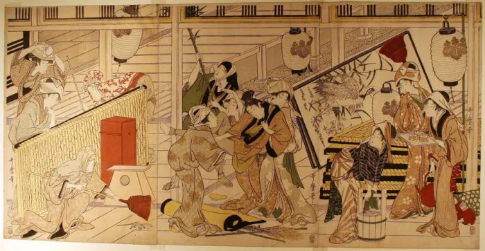 Framed Print : House cleaning in preparation for the New Year, Japan, late 1790s Framed Print : House cleaning in preparation for the New Year, Japan, late 1790s