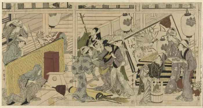 Framed Print : House cleaning in preparation for the New Year, Japan, c. 1797 / 99 Framed Print : House cleaning in preparation for the New Year, Japan, c. 1797 / 99