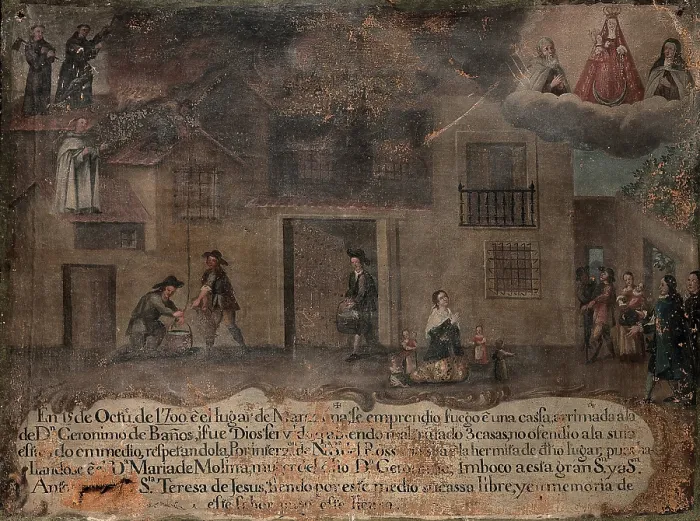 Framed Print : The house of Don Geronimo de Banos being rescued from fire by the Virgin, St Anthony...1700, 1700. Creator: Unknown Framed Print : The house of Don Geronimo de Banos being rescued from fire by the Virgin, St Anthony...1700, 1700. Creator: Unknown