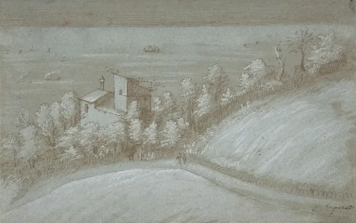 Framed Print : A House with a Dovecote and Trees by the Sea, 16th century. Creator: Gherardo Cibo Framed Print : A House with a Dovecote and Trees by the Sea, 16th century. Creator: Gherardo Cibo