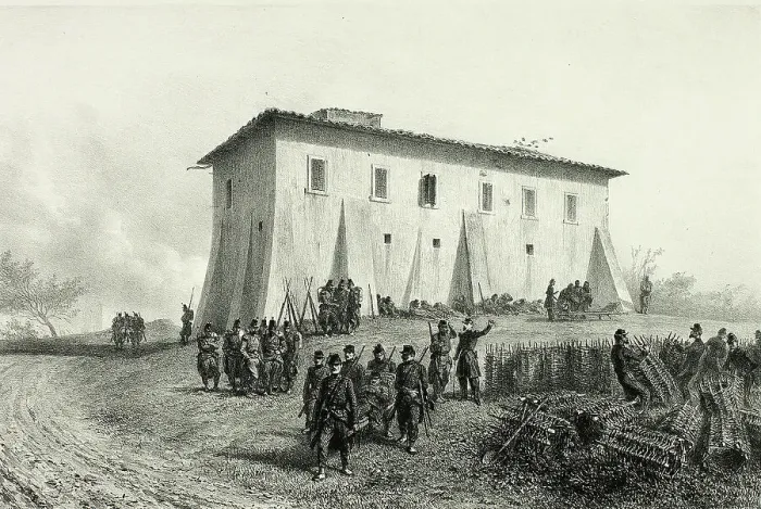 Framed Print : House of Six Green Shutters, from Souvenirs d'Italie: Expédition de Rome, 1858. Creator: Auguste Raffet Framed Print : House of Six Green Shutters, from Souvenirs d'Italie: Expédition de Rome, 1858. Creator: Auguste Raffet