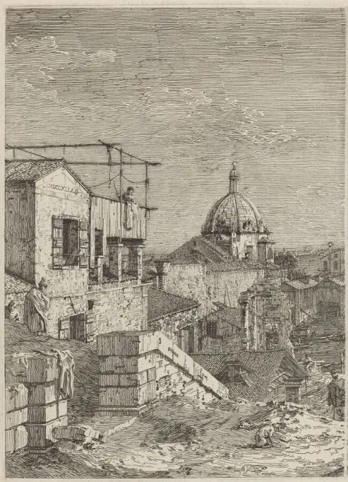 Framed Print : The House with the Inscription [left], 1741. Creator: Canaletto
