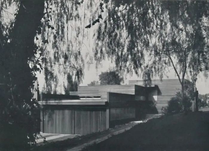 Framed Print : House at Los Angeles by Richard J Neutra. - The aspect from the road approach, 1942 Framed Print : House at Los Angeles by Richard J Neutra. - The aspect from the road approach, 1942
