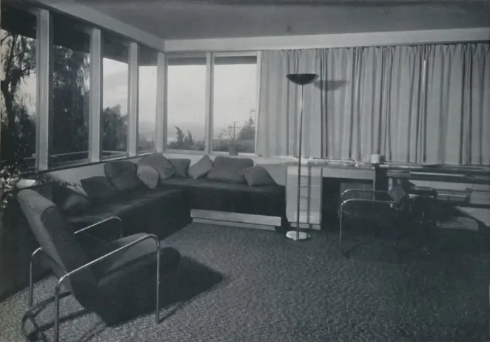 Framed Print : House at Los Angeles by Richard J Neutra. - An interior shot of the living quarters, 1942