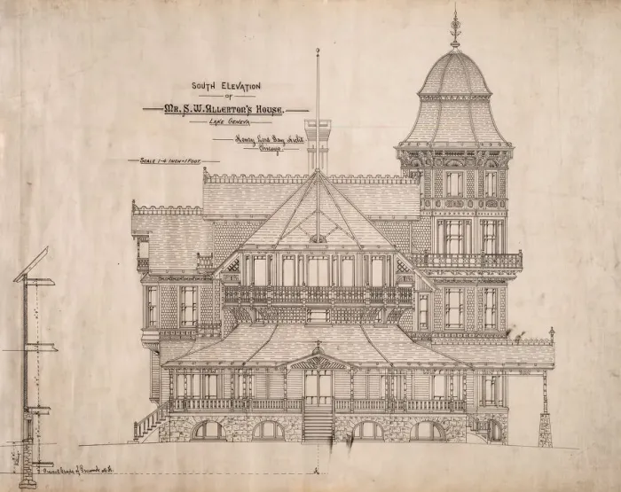Framed Print : House for Mr. S. W. Allerton, Lake Geneva, Wisconsin: South Elevation, c. 1884 Framed Print : House for Mr. S. W. Allerton, Lake Geneva, Wisconsin: South Elevation, c. 1884