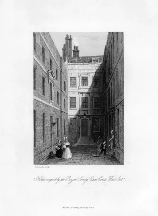 Framed Print : House occupied by the Royal Society, Crane Court, Fleet Street, 1678-1760, (1840). Artist: C J Smith Framed Print : House occupied by the Royal Society, Crane Court, Fleet Street, 1678-1760, (1840). Artist: C J Smith