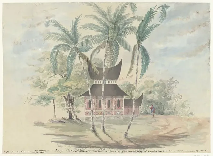 Framed Print : House of Radja Batipo, demolished and burned to his punishment... (1841). Creator: Anon Framed Print : House of Radja Batipo, demolished and burned to his punishment... (1841). Creator: Anon
