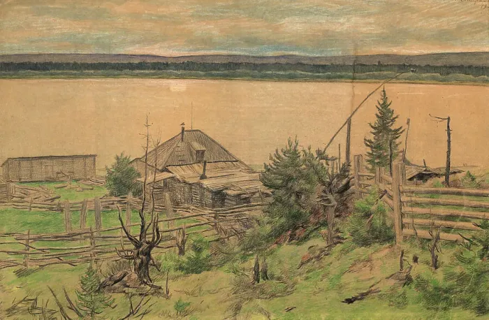 Framed Print : House on the river bank, 1921. Creator: Dmitrii Innokent'evich Karatanov Framed Print : House on the river bank, 1921. Creator: Dmitrii Innokent'evich Karatanov