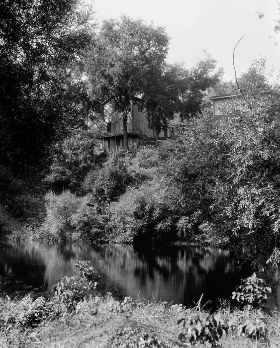 Framed Print : House above river, probably the Huron River, Ypsilanti, Mich. between 1900 and 1910. Creator: Unknown Framed Print : House above river, probably the Huron River, Ypsilanti, Mich. between 1900 and 1910. Creator: Unknown