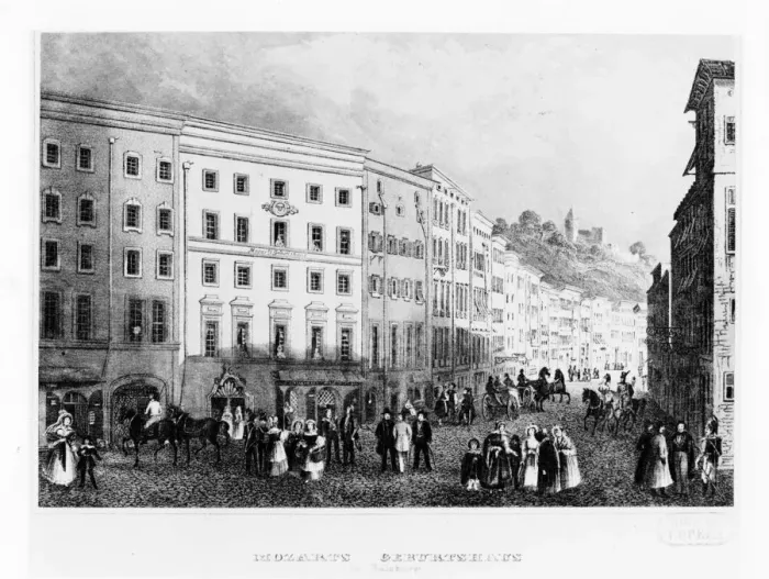 Framed Print : The house in Salzburg in which Mozart was born in 1791, (mid 19th century) Framed Print : The house in Salzburg in which Mozart was born in 1791, (mid 19th century)