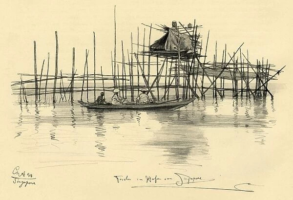 House on stilts and fishermen in Singapore Harbour, 1898. Creator: Christian Wilhelm Allers