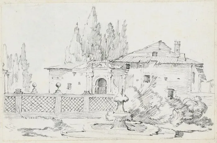 Framed Print : House and Trees across a Garden Wall, 1744 / 1750. Creator: Joseph-Marie Vien the Elder Framed Print : House and Trees across a Garden Wall, 1744 / 1750. Creator: Joseph-Marie Vien the Elder