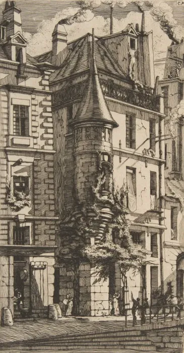 Framed Print : House with a Turret, rue de la Tixeranderie, Paris, 1852. Creator: Charles Meryon Framed Print : House with a Turret, rue de la Tixeranderie, Paris, 1852. Creator: Charles Meryon