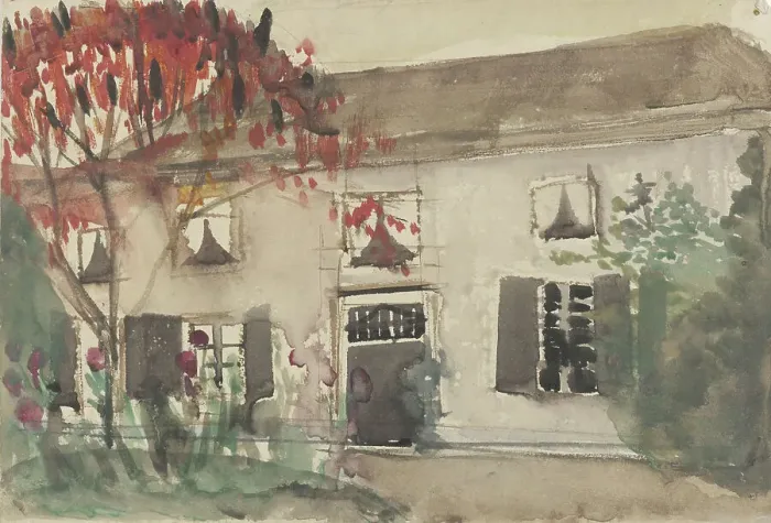 Framed Print : House with front yard and red tree, 1874-1945. Creator: Carel Adolph Lion Cachet Framed Print : House with front yard and red tree, 1874-1945. Creator: Carel Adolph Lion Cachet