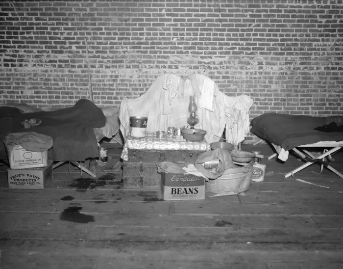 Framed Print : Household goods of a Negro flood refugee in the temporary infirmary, Forrest City, Arkansas, 1937. Creator: Walker Evans Framed Print : Household goods of a Negro flood refugee in the temporary infirmary, Forrest City, Arkansas, 1937. Creator: Walker Evans