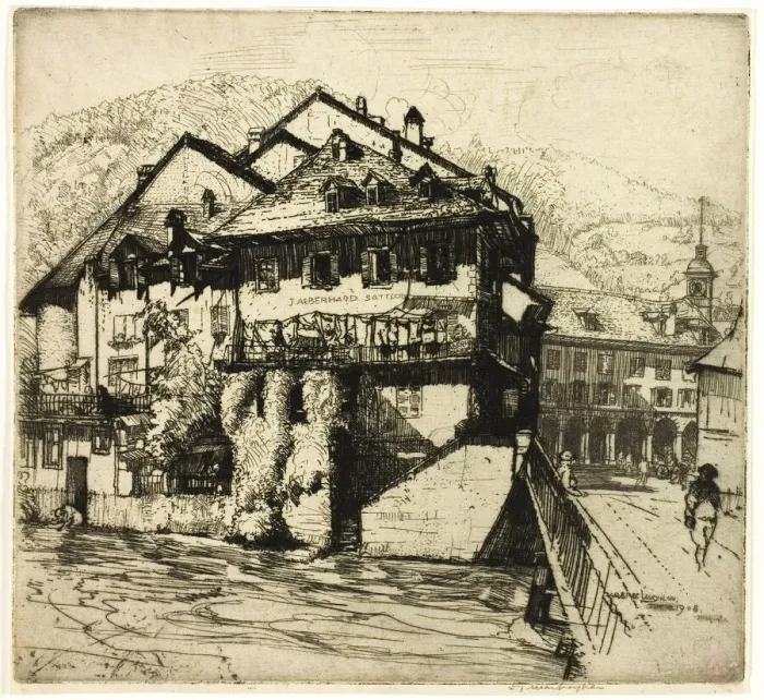 Framed Print : Houses on the Aare, Switzerland, 1908. Creator: Donald Shaw MacLaughlan Framed Print : Houses on the Aare, Switzerland, 1908. Creator: Donald Shaw MacLaughlan
