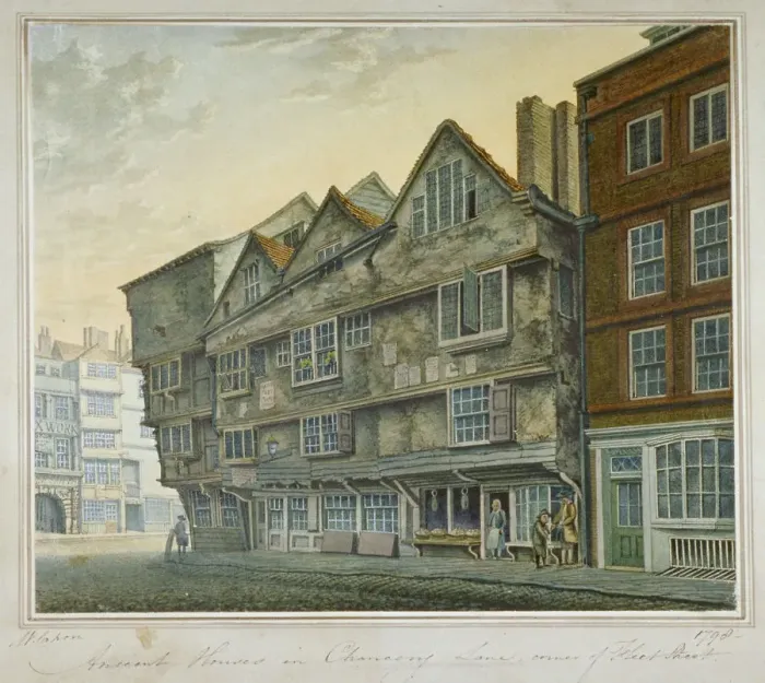 Framed Print : Houses on the corner of Chancery Lane and Fleet Street, City of London, 1798. Artist Framed Print : Houses on the corner of Chancery Lane and Fleet Street, City of London, 1798. Artist