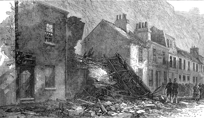 Framed Print : Houses destroyed at Dover by the fall of a cliff, 1872. Creator: Unknown Framed Print : Houses destroyed at Dover by the fall of a cliff, 1872. Creator: Unknown
