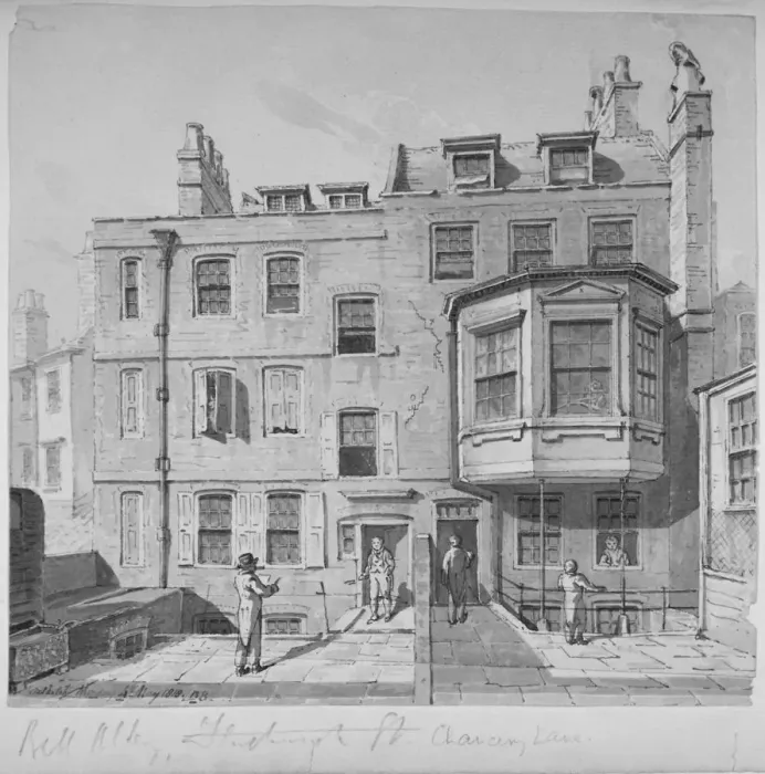 Framed Print : Houses in the northern section of Bell Yard, Chancery Lane, City of London, 1818 Framed Print : Houses in the northern section of Bell Yard, Chancery Lane, City of London, 1818
