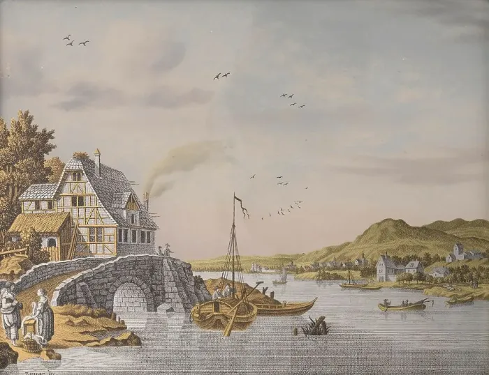 Framed Print : Houses along a River, 1770-1814. Creator: Jonas Zeuner Framed Print : Houses along a River, 1770-1814. Creator: Jonas Zeuner