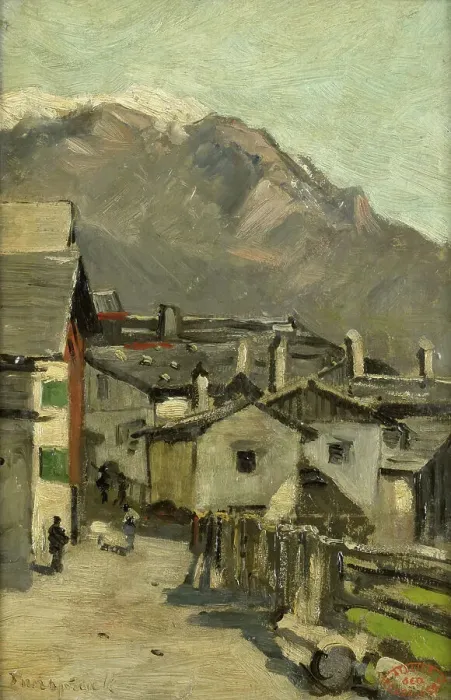 Framed Print : Houses along a road near a mountain (Innsbruck?), c.1882. Creator: George Poggenbeek Framed Print : Houses along a road near a mountain (Innsbruck?), c.1882. Creator: George Poggenbeek