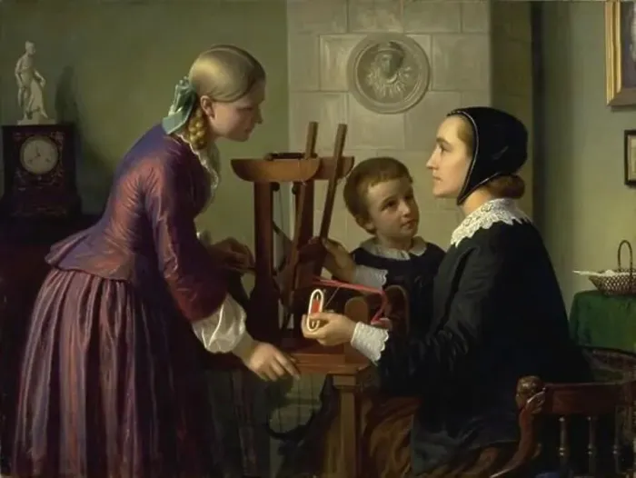 Framed Print : A housewife at her loom, with her two children, 1859. Creator: Constantin Hansen Framed Print : A housewife at her loom, with her two children, 1859. Creator: Constantin Hansen