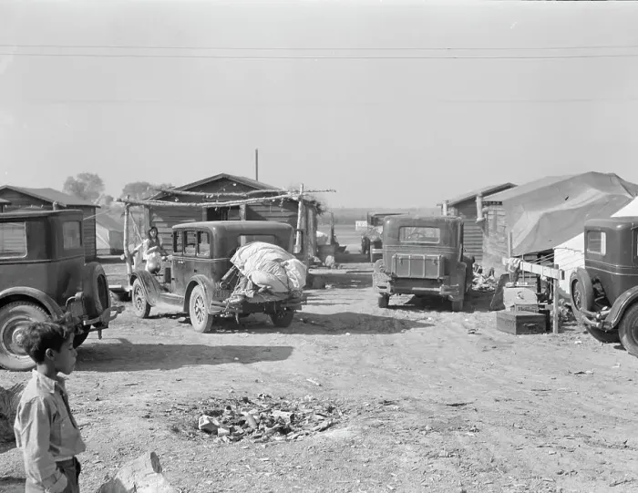 Framed Print : Housing for migratory workers in cotton, five miles north of Corcoran, California, 1936. Creator: Dorothea Lange Framed Print : Housing for migratory workers in cotton, five miles north of Corcoran, California, 1936. Creator: Dorothea Lange