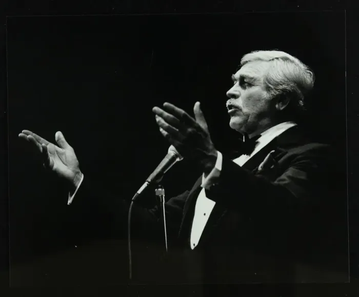 Framed Print : Howard Keel in full song at the Forum Theatre, Hatfield, Hertfordshire, 14 May 1983 Framed Print : Howard Keel in full song at the Forum Theatre, Hatfield, Hertfordshire, 14 May 1983