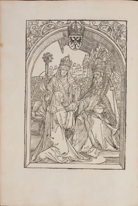Framed Print : Hrotsvit of Gandersheim presents her Gesta Oddonis to emperor Otto the Great, 1501 Framed Print : Hrotsvit of Gandersheim presents her Gesta Oddonis to emperor Otto the Great, 1501