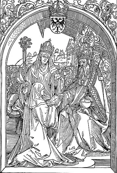 Hrotsvitha Presenting Her Book to the Emperor Otto I, 1501 (1906). Artist: Albrecht Durer