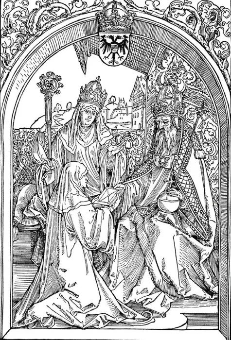 Framed Print : Hrotsvitha Presenting Her Book to the Emperor Otto I, 1501 (1906). Artist: Albrecht Durer Framed Print : Hrotsvitha Presenting Her Book to the Emperor Otto I, 1501 (1906). Artist: Albrecht Durer