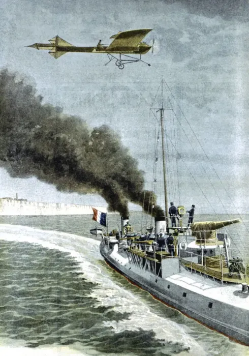 Framed Print : Hubert Latham attempting to fly his Antoinette monoplane across the English Channel, 1909 Framed Print : Hubert Latham attempting to fly his Antoinette monoplane across the English Channel, 1909