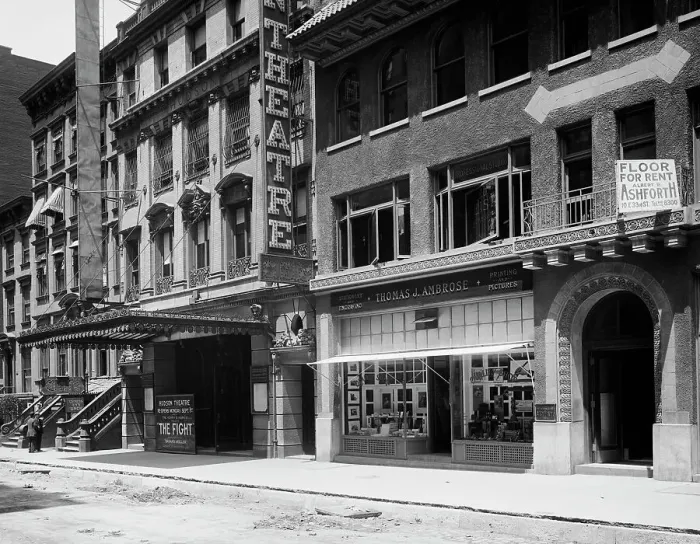 Framed Print : Hudson Theatre and the Quality Shop, New York, N.Y. between 1900 and 1910. Creator: Unknown Framed Print : Hudson Theatre and the Quality Shop, New York, N.Y. between 1900 and 1910. Creator: Unknown