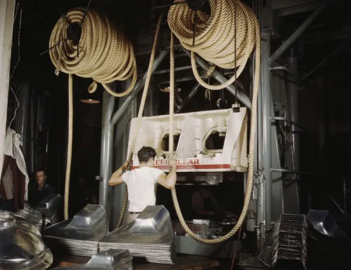 Framed Print : Huge drop hammers work day and night form... North American Aviation, Inc. Inglewood, Calif. 1942. Creator: Alfred T Palmer Framed Print : Huge drop hammers work day and night form... North American Aviation, Inc. Inglewood, Calif. 1942. Creator: Alfred T Palmer