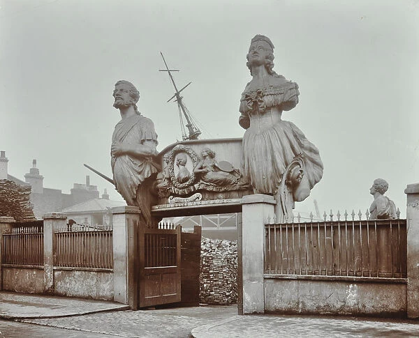 Huge figureheads at Castles Ship Breaking Yard, Westminster, London, 1909