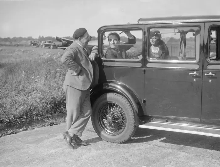 Framed Print : Hugh McConnell, Sammy Davis and Mrs Davis with an Austin 20 / 6 landaulette at Brooklands, 1931 Framed Print : Hugh McConnell, Sammy Davis and Mrs Davis with an Austin 20 / 6 landaulette at Brooklands, 1931